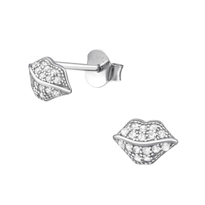 Silver Lips Ear Studs with Cubic Zirconia