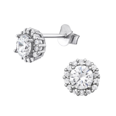 Round Sterling Silver Ear Studs with Cubic Zirconia