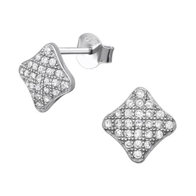 Silver Square Ear Studs with Cubic Zirconia