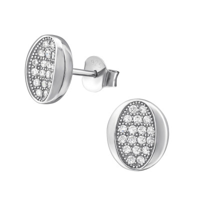 Silver Oval Ear Studs with Cubic Zirconia