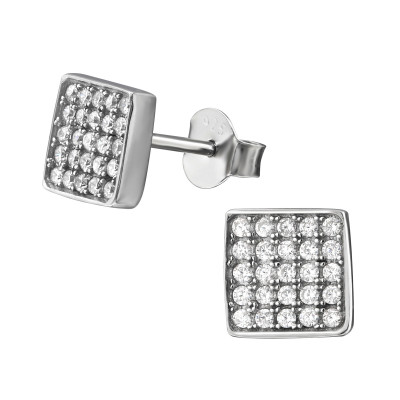 Silver Square Ear Studs with Cubic Zirconia