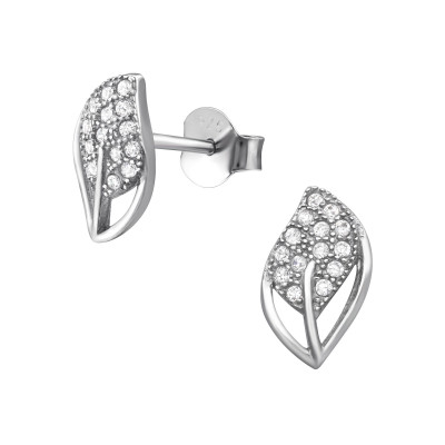 Leaf Sterling Silver Ear Studs with Cubic Zirconia