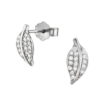 Leaf Sterling Silver Ear Studs with Cubic Zirconia