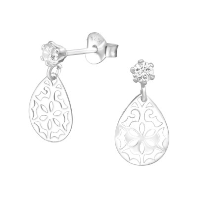 Silver Round Hanging Laser Cut Flower Ear Studs with Cubic Zirconia