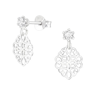 Silver Round Hanging Laser Cut Arabesque Ear Studs with Cubic Zirconia