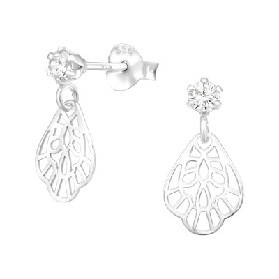 Silver Round Hanging Laser Cut Flower Ear Studs with Cubic Zirconia