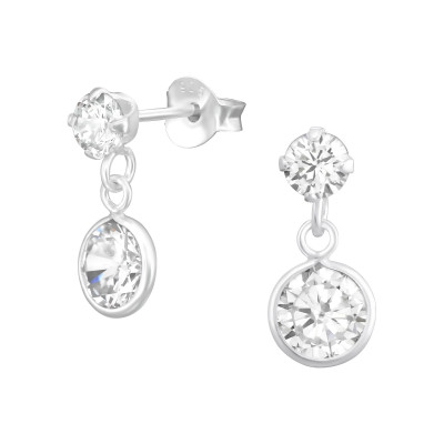 Hanging Round Sterling Silver Ear Studs with Cubic Zirconia