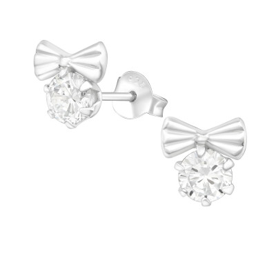 Silver Bow Tie Ear Studs with Cubic Zirconia