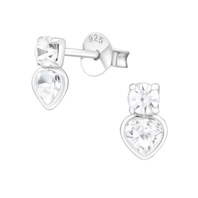 Silver Heart Ear Studs with Cubic Zirconia and Crystal
