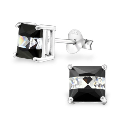 Silver Square Ear Studs with Cubic Zirconia