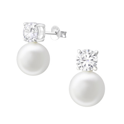 Round Sterling Silver Ear Studs with Cubic Zirconia and Pearl