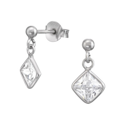 Hanging Square Sterling Silver Ear Studs with Cubic Zirconia