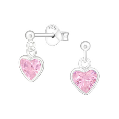 Silver Ball Ear Studs Hanging Heart with Cubic Zirconia