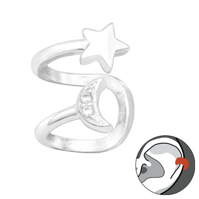 Silver Moon and Star Ear Cuff with Cubic Zirconia
