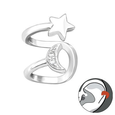 Silver Moon and Star Ear Cuff with Cubic Zirconia