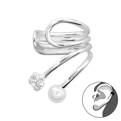 Silver Round Ear Cuff with Cubic zirconia and Synthtic Pearl