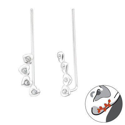 Silver Heart Ear Pin with Crystal