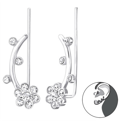 Silver Flower Ear Pin with Crystal