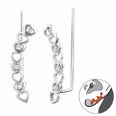 Silver Heart Ear Pin with Crystal