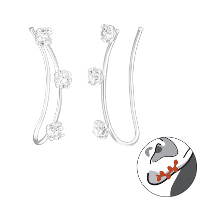 Silver Triple Stone Ear Pin with Cubic Zirconia