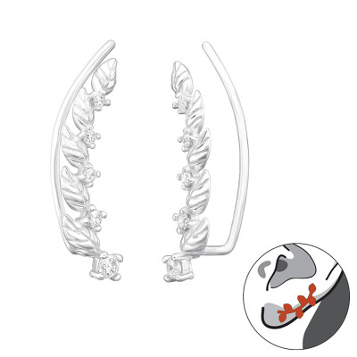 Silver Leaf Ear Pin with Cubic Zirconia