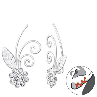 Silver Flower Ear Pin with Crystal