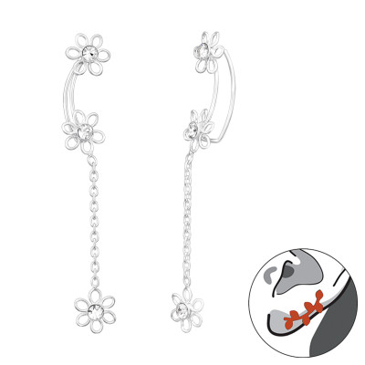 Silver Flower Ear Pin with Crystals and Hanging Flower