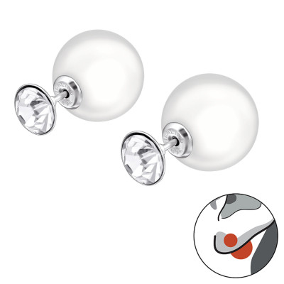 Silver Round Double Earrings with Snythetic Pearl and Crystal