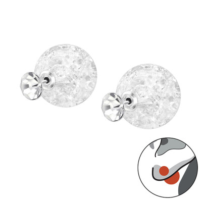 Silver Round Double Earrings with Cracked Ball and Crystal