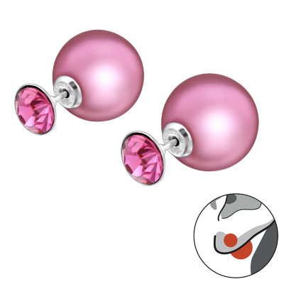 Silver Round Double Earrings with Synthetic Pearl and Crystal