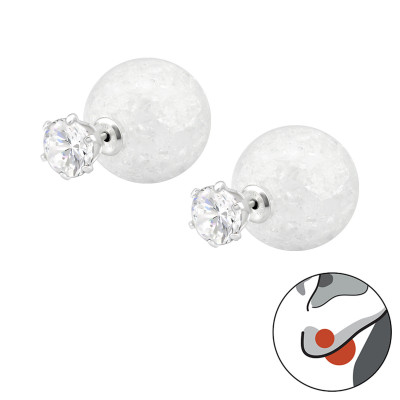 Silver Round Double Earrings with Cracked Ball and Cubic Zirconia