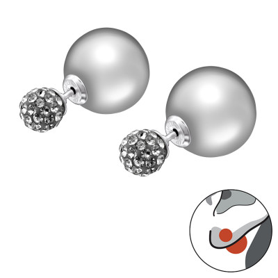 Silver Round Double Earrings with Synthtic Pearl and Crystal