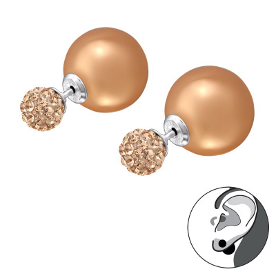 Silver Round Double Earrings with Crystal and Synthtic Pearl