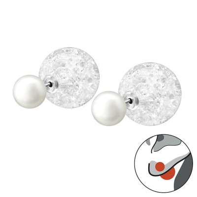 Silver Round Double Earrings with Cracked Ball and Snythetic Pearl