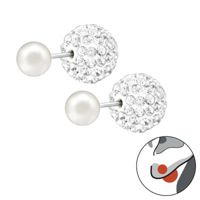 Silver Round Double Earrings with Crystal and Synthetic Pearl