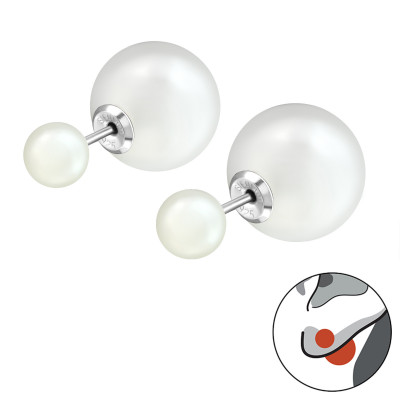 Silver Round Double Earrings with Synthetic Pearl