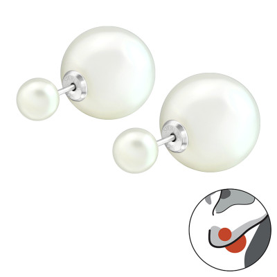 Silver Round Double Earrings with Synthetic Pearl