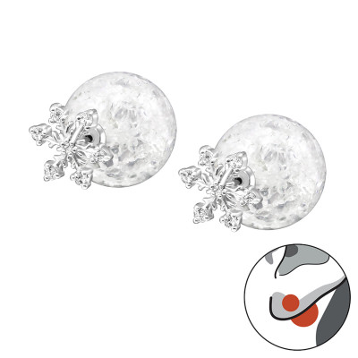 Silver Snowflake Double Earrings with Cracked Ball and Cubic Zirconia