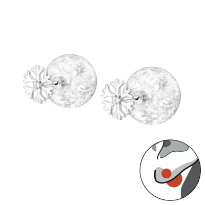 Silver Snowflake Double Earrings with Cracked Ball and Cubic Zirconia
