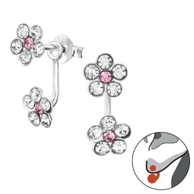 Silver Flowers Ear Jacket with Crystal