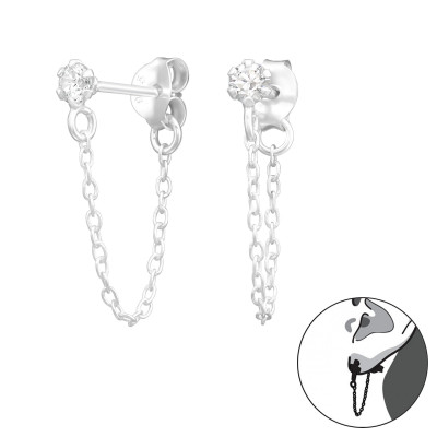 Silver 3mm Round Cubic Zirconia Ear Jacket with Hanging Chain