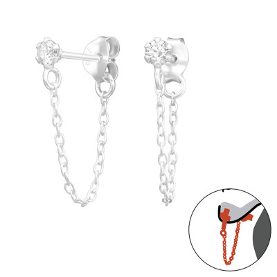 Silver 3mm Round Cubic Zirconia Ear Jacket with Hanging Chain