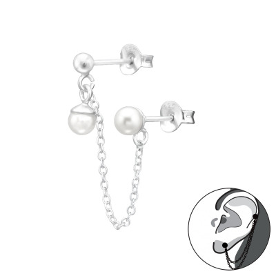 Silver Pearl Ear Jacket with Hanging Chain