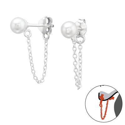 Silver 5mm Round Ear Jacket with Hanging Chain and Synthetic Pearl