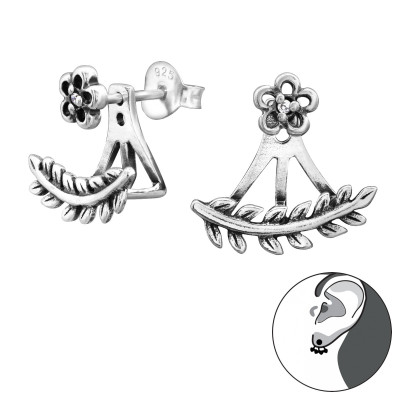 Silver Flower and Branch Ear Jacket with Cubic Zirconia