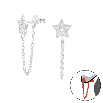 Silver Star Ear Jacket with Hanging Chain and Cubic Zirconia