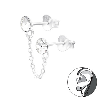 Silver 6mm Round Ear Studs with Hanging Chain and Crystal