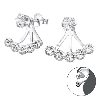 Silver Round Ear Jackets with Cubic Zirconia and Crystal