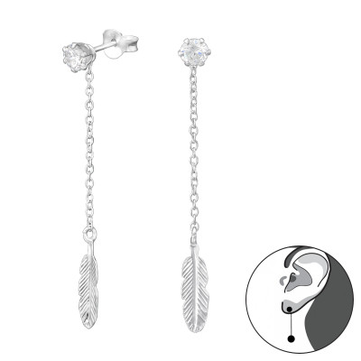 Silver Round Ear Jacket with Cubic Zirconia and Hanging Feather