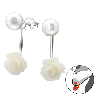 Silver Round Ear Jacket with Synthtic Pearl and Plastic Flower